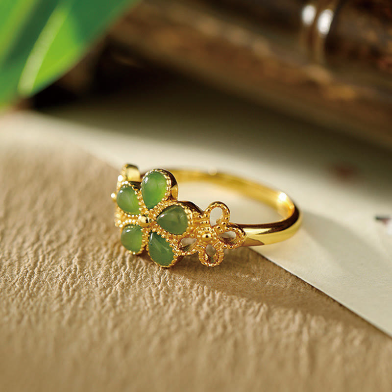 Anello di prosperità regolabile con fiore in argento sterling 925 placcato oro e giada naturale di Hetian Buddha Stones - image 2