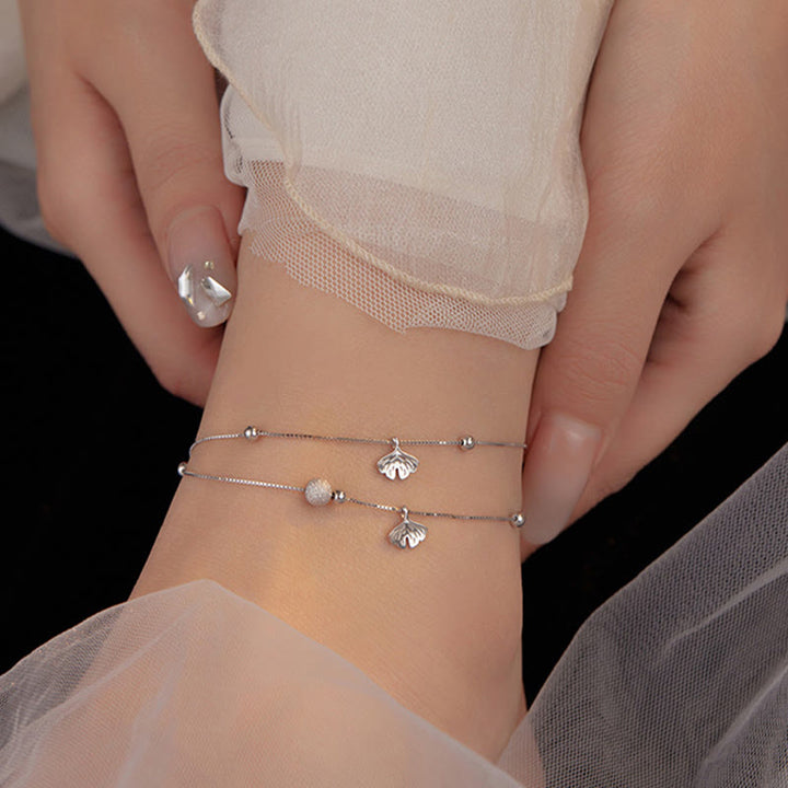 Buddha Stones 925 Sterling Silver Ginkgo Leaf Doppio Strato di Protezione Cavigliera - image 3