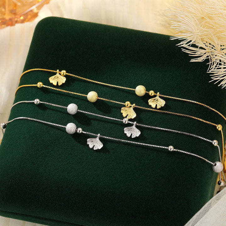 Buddha Stones 925 Sterling Silver Ginkgo Leaf Doppio Strato di Protezione Cavigliera - image 12