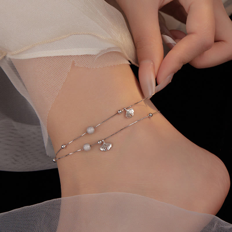 Buddha Stones 925 Sterling Silver Ginkgo Leaf Doppio Strato di Protezione Cavigliera - image 5