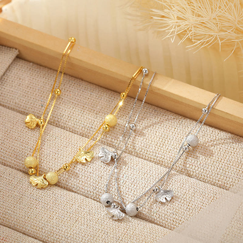 Buddha Stones 925 Sterling Silver Ginkgo Leaf Doppio Strato di Protezione Cavigliera - image 1