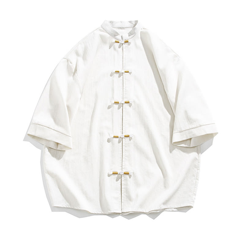 Camicia da uomo in lino a mezza manica con bottoni a forma di rana e Buddha Stones in colore puro - image 7