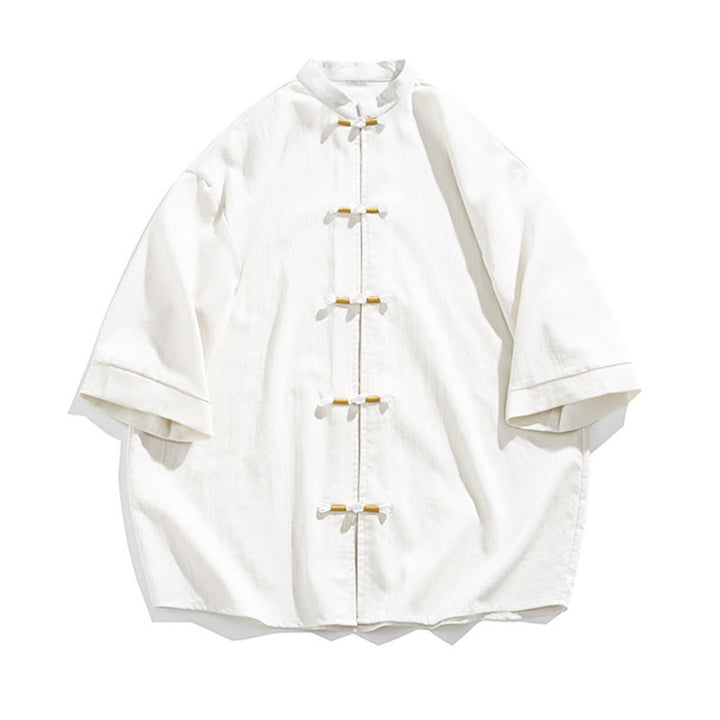 Camicia da uomo in lino a mezza manica con bottoni a forma di rana e Buddha Stones in colore puro - image 7