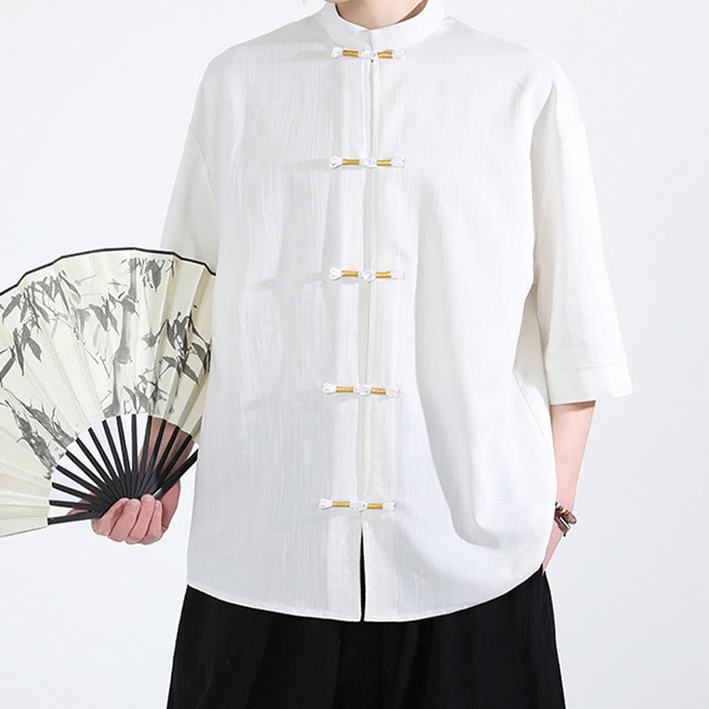 Camicia da uomo in lino a mezza manica con bottoni a forma di rana e Buddha Stones in colore puro - image 1