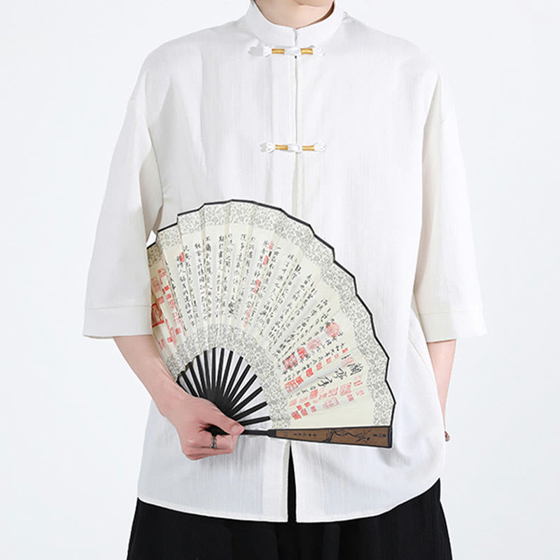 Camicia da uomo in lino a mezza manica con bottoni a forma di rana e Buddha Stones in colore puro - image 3