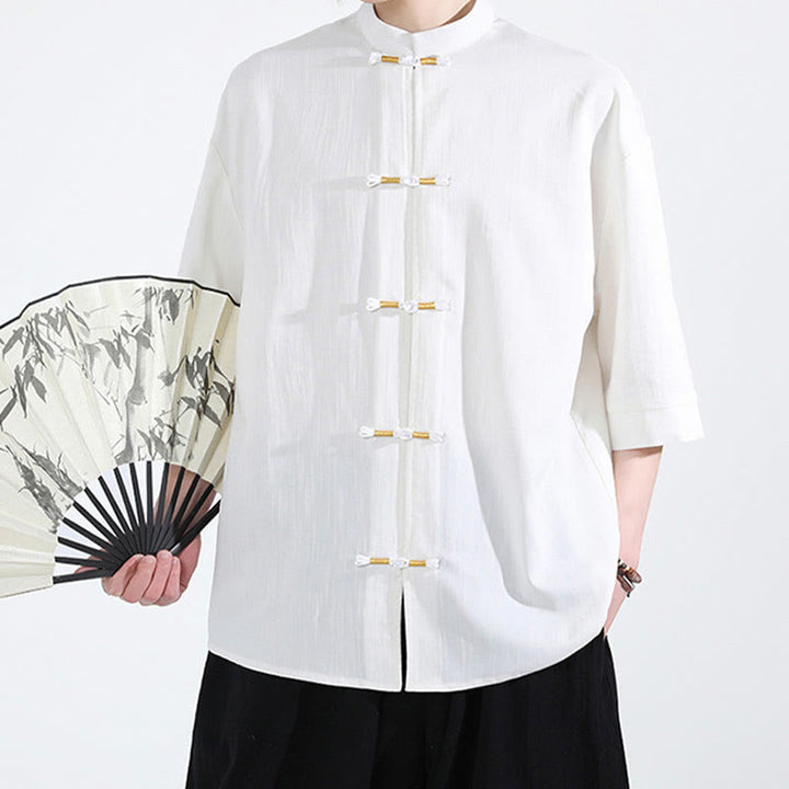 Camicia da uomo in lino a mezza manica con bottoni a forma di rana e Buddha Stones in colore puro - image 1