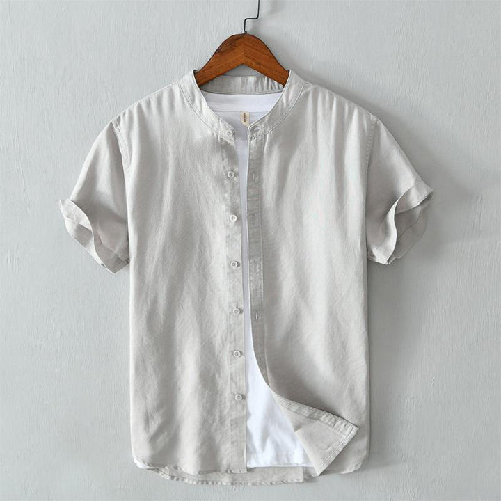 Camicia da uomo in lino e cotone con bottoni, a maniche corte, stile semplice, Buddha Stones