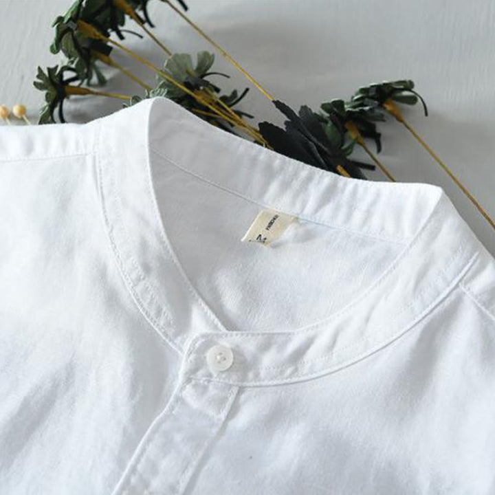 Camicia da uomo in lino e cotone con bottoni, a maniche corte, stile semplice, Buddha Stones