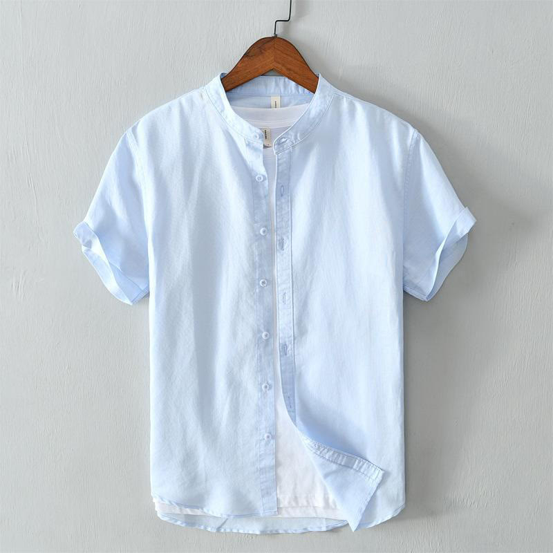 Camicia da uomo in lino e cotone con bottoni, a maniche corte, stile semplice, Buddha Stones