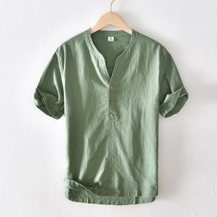 Camicia da uomo a maniche corte in cotone e lino con colletto alla coreana e mezza abbottonatura, modello estivo Buddha Stones. - Verde mare - US/UK/AU42, EU52 (3XL) - image 0