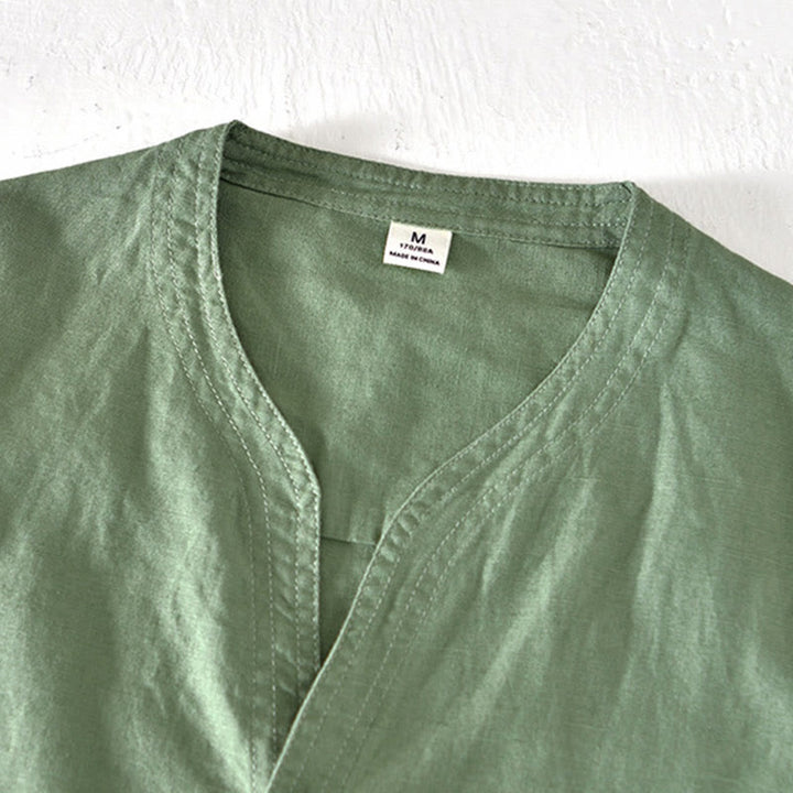 Camicia da uomo a maniche corte in cotone e lino con colletto alla coreana e mezza abbottonatura, modello estivo Buddha Stones. - image 1