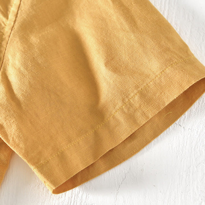 Camicia da uomo in cotone e lino con mezza abbottonatura e colletto alla coreana, manica corta, motivo Buddha Stones Summer - image 17