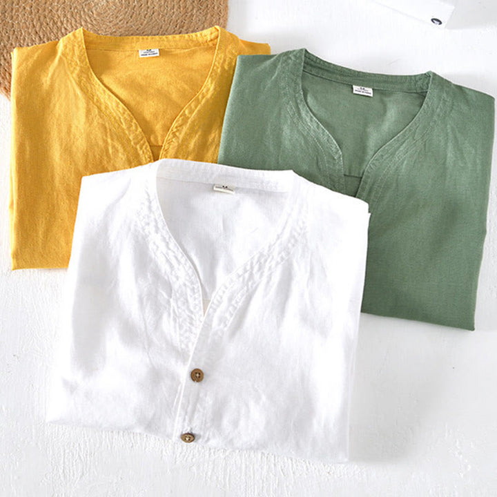 Camicia da uomo a maniche corte in cotone e lino con colletto alla coreana e mezza abbottonatura, modello estivo Buddha Stones. - image 19