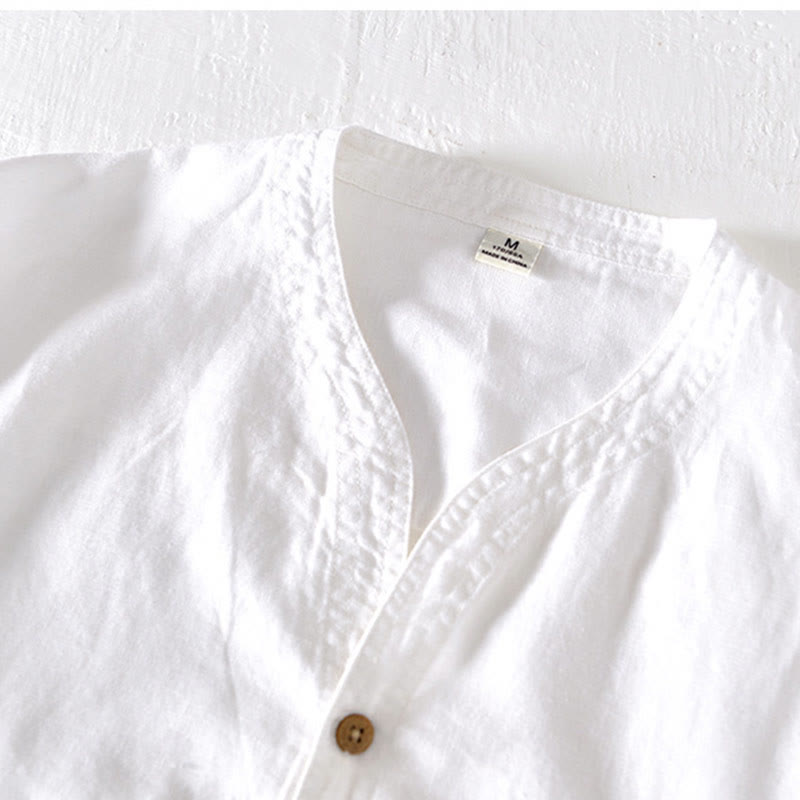 Camicia da uomo a maniche corte in cotone e lino con colletto alla coreana e mezza abbottonatura, modello estivo Buddha Stones. - image 8