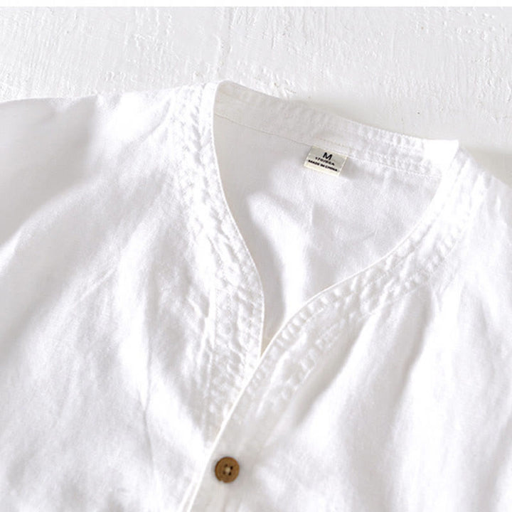 Camicia da uomo a maniche corte in cotone e lino con colletto alla coreana e mezza abbottonatura, modello estivo Buddha Stones. - image 8