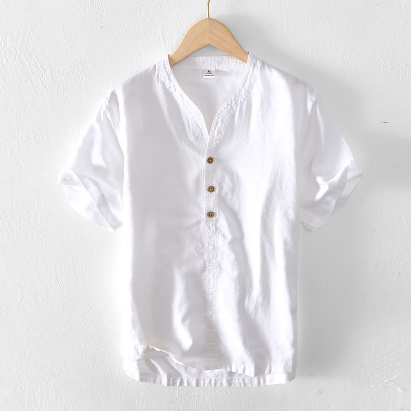 Camicia da uomo a maniche corte in cotone e lino con colletto alla coreana e mezza abbottonatura, modello estivo Buddha Stones. - Bianco - US/UK/AU42, EU52 (3XL) - image 6
