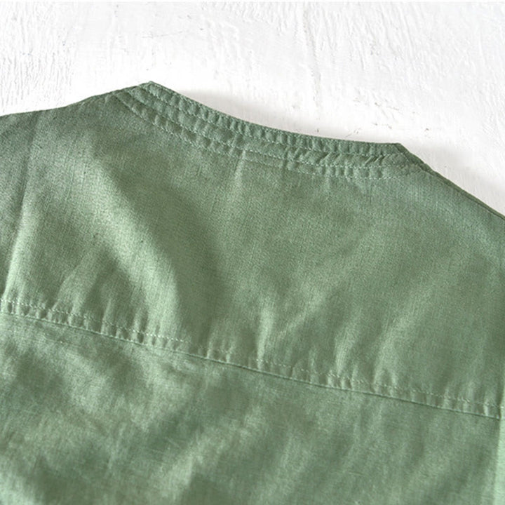 Camicia da uomo a maniche corte in cotone e lino con colletto alla coreana e mezza abbottonatura, modello estivo Buddha Stones. - image 2