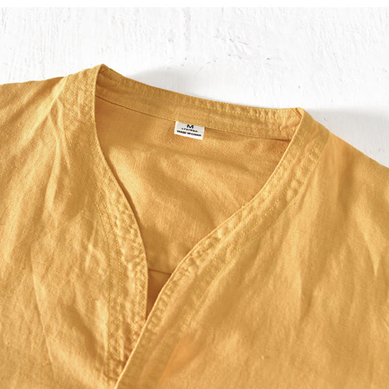 Camicia da uomo a maniche corte in cotone e lino con colletto alla coreana e mezza abbottonatura, modello estivo Buddha Stones. - image 14