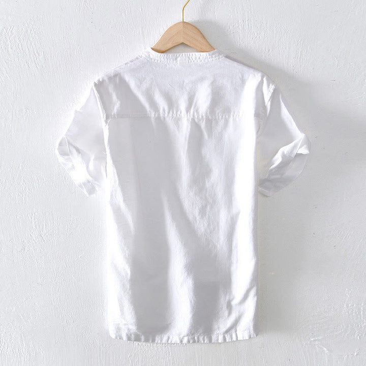 Camicia da uomo a maniche corte in cotone e lino con colletto alla coreana e mezza abbottonatura, modello estivo Buddha Stones. - image 7
