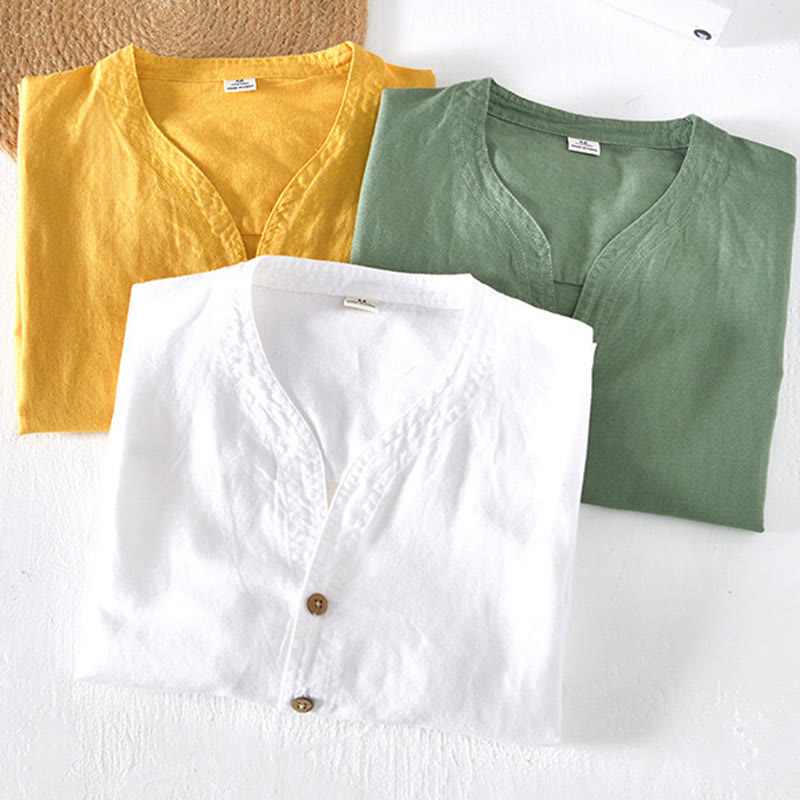 Camicia da uomo in cotone e lino con mezza abbottonatura e colletto alla coreana, manica corta, motivo Buddha Stones Summer - image 19