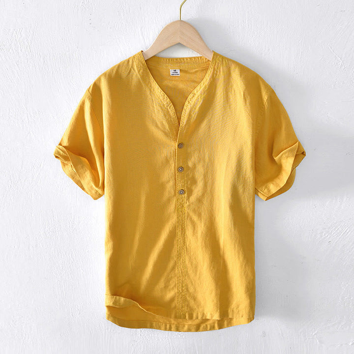 Camicia da uomo a maniche corte in cotone e lino con colletto alla coreana e mezza abbottonatura, modello estivo Buddha Stones. - Oro - US/UK/AU42, EU52 (3XL) - image 13