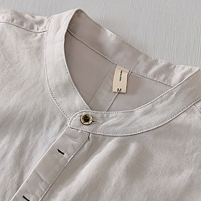 Camicia da uomo in cotone e lino con maniche corte e bottoni, motivo Buddha Stones , semplice e casual - image 1