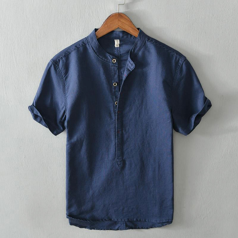 Camicia da uomo in cotone e lino con maniche corte e bottoni, motivo Buddha Stones , semplice e casual - Blu scuro - US/UK/AU42, EU52 (4XL) - image 15