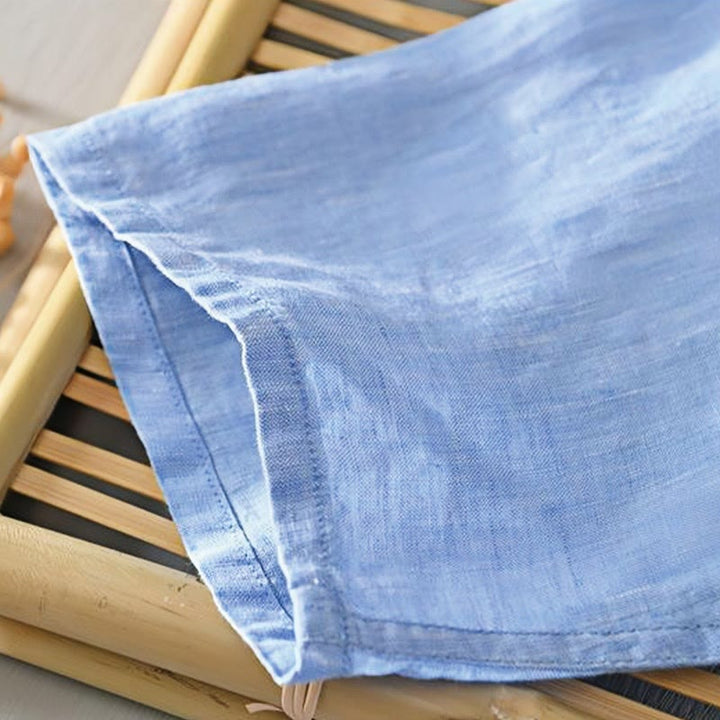 Camicia da uomo in lino con mezza manica e bottoni, tinta unita, con colletto alla coreana , Buddha Stones Daily