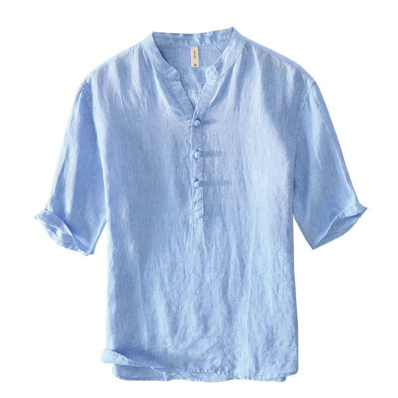 Camicia da uomo in lino con mezza manica e bottoni, tinta unita, con colletto alla coreana , Buddha Stones Daily - image 12
