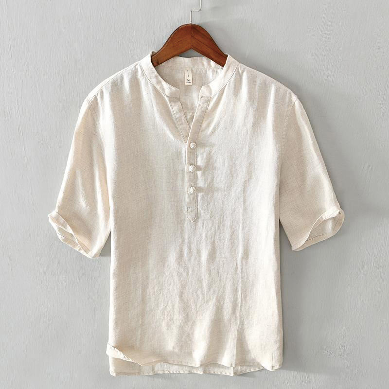 Camicia da uomo in lino con mezza manica e bottoni, tinta unita, con colletto alla coreana , Buddha Stones Daily - Giallo chiaro - US/UK/AU42, EU52 (3XL) - image 0