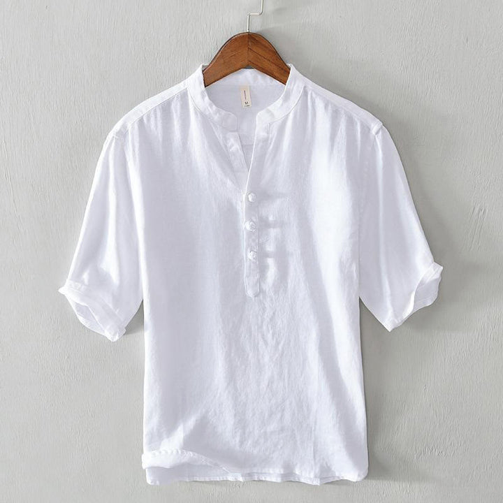 Camicia da uomo in lino con mezza manica e bottoni, tinta unita, con colletto alla coreana , Buddha Stones Daily
