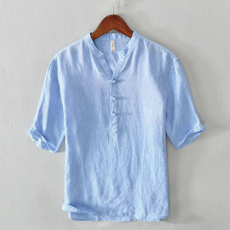 Camicia da uomo in lino con mezza manica e bottoni, tinta unita, con colletto alla coreana , Buddha Stones Daily