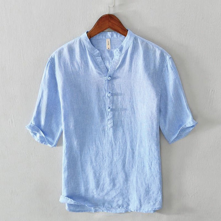 Camicia da uomo in lino con mezza manica e bottoni, tinta unita, con colletto alla coreana , Buddha Stones Daily