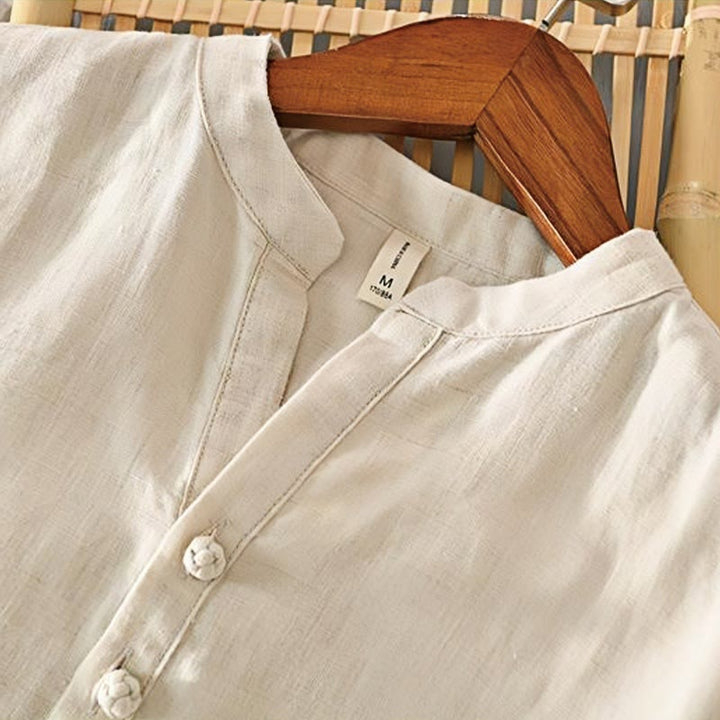 Camicia da uomo in lino con mezza manica e bottoni, tinta unita, con colletto alla coreana , Buddha Stones Daily - image 2