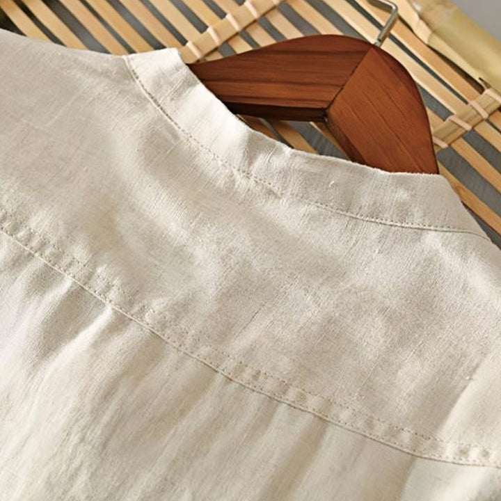 Camicia da uomo in lino con mezza manica e bottoni, tinta unita, con colletto alla coreana , Buddha Stones Daily