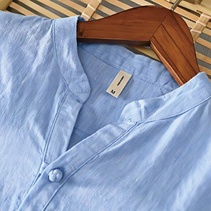 Camicia da uomo in lino con mezza manica e bottoni, tinta unita, con colletto alla coreana , Buddha Stones Daily