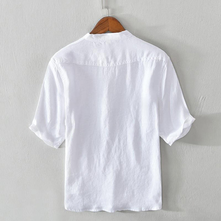 Camicia da uomo in lino con mezza manica e bottoni, tinta unita, con colletto alla coreana , Buddha Stones Daily - image 7