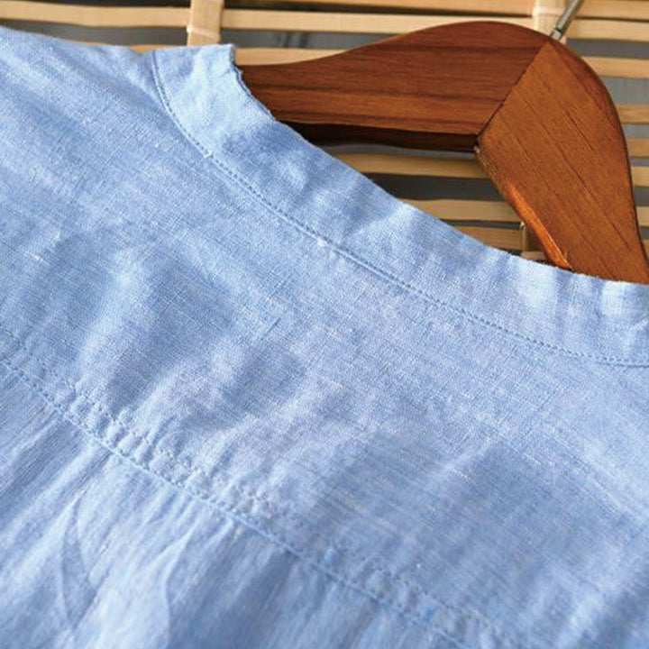 Camicia da uomo in lino con mezza manica e bottoni, tinta unita, con colletto alla coreana , Buddha Stones Daily