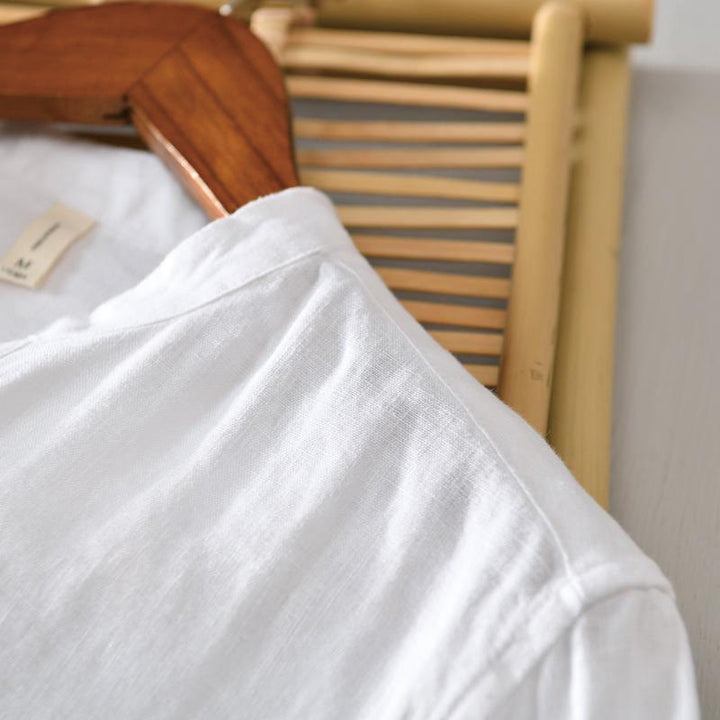 Camicia da uomo in lino con mezza manica e bottoni, tinta unita, con colletto alla coreana , Buddha Stones Daily - image 7