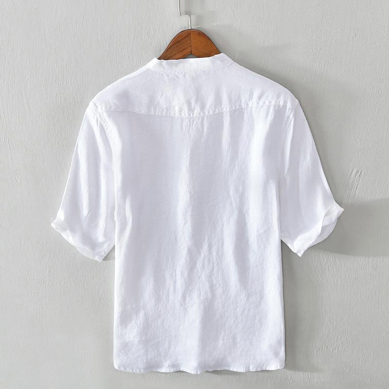 Camicia da uomo in lino con mezza manica e bottoni, tinta unita, con colletto alla coreana , Buddha Stones Daily