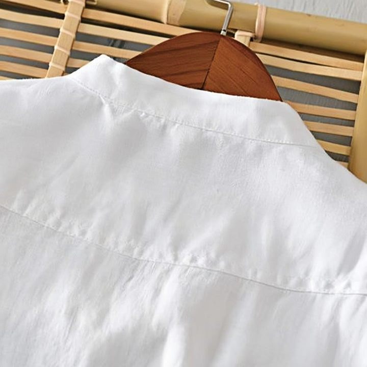 Camicia da uomo in lino con mezza manica e bottoni, tinta unita, con colletto alla coreana , Buddha Stones Daily