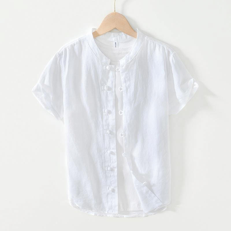 Camicia da uomo in lino a maniche corte con colletto alla coreana e bottoni a Buddha Stones Daily - Bianco - US/UK/AU42, EU52 (3XL) - image 6