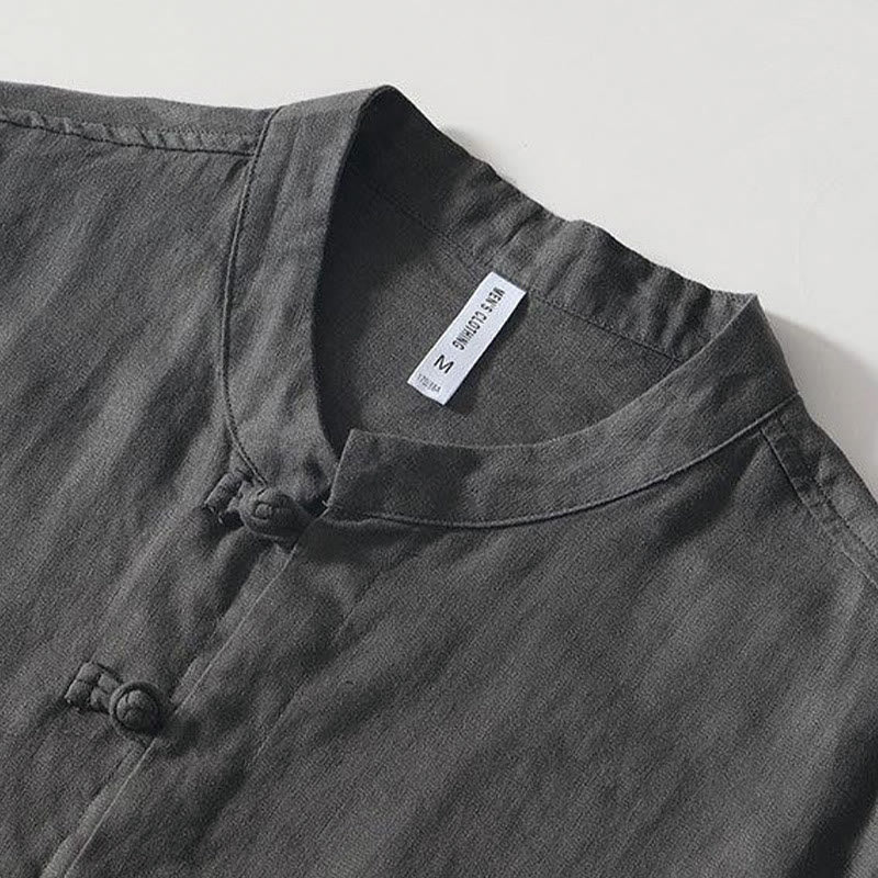 Camicia da uomo in lino a maniche corte con colletto alla coreana e bottoni a Buddha Stones Daily - image 2