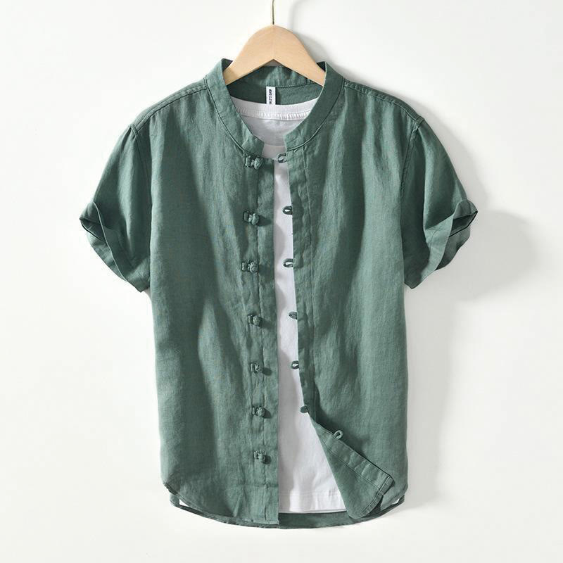 Camicia da uomo in lino a maniche corte con colletto alla coreana e bottoni a Buddha Stones Daily - Verde mare medio - US/UK/AU42, EU52 (3XL) - image 18