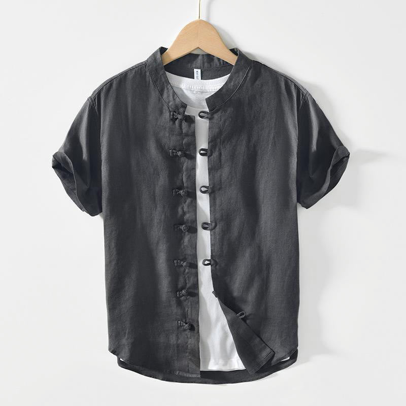 Camicia da uomo in lino a maniche corte con colletto alla coreana e bottoni a Buddha Stones Daily - Grigio tenue - US/UK/AU42, EU52 (3XL) - image 0