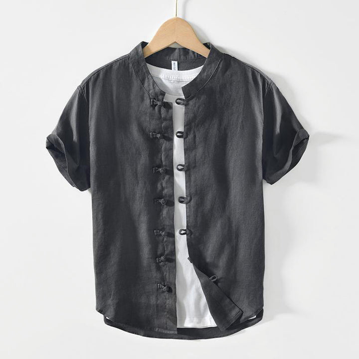 Camicia da uomo in lino a maniche corte con colletto alla coreana e bottoni a Buddha Stones Daily - Grigio tenue - US/UK/AU42, EU52 (3XL) - image 0