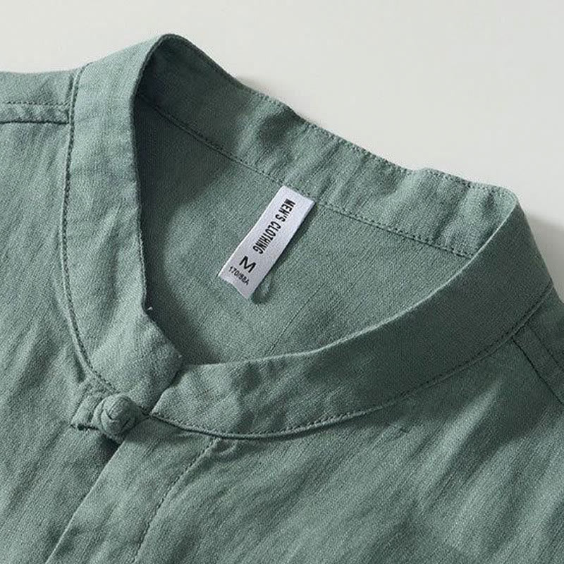 Camicia da uomo in lino a maniche corte con colletto alla coreana e bottoni a Buddha Stones Daily - image 19