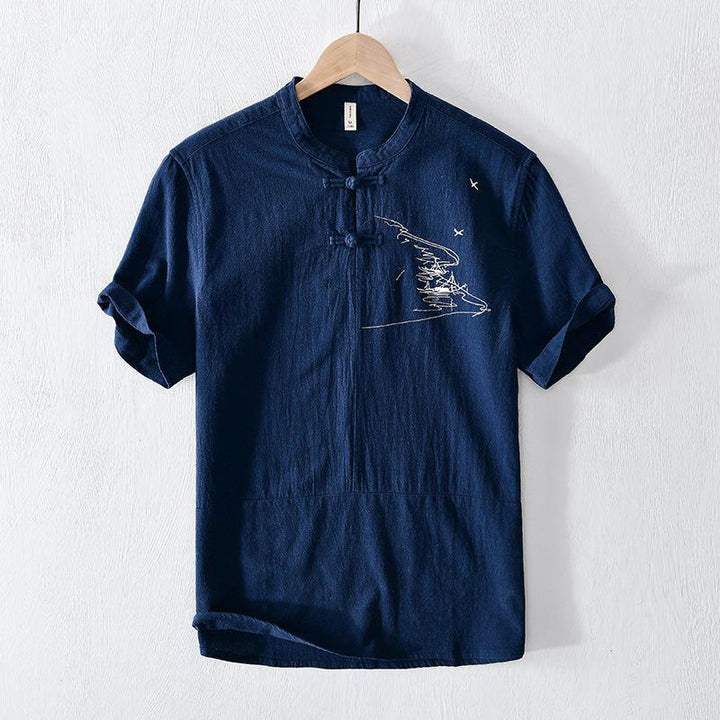 Camicia da uomo in cotone e lino con maniche corte, collo alla coreana, bottoni a rana Buddha Stones