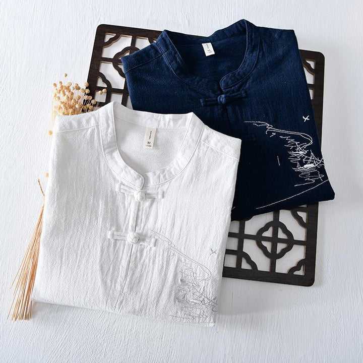 Camicia da uomo in cotone e lino con maniche corte, collo alla coreana, bottoni a rana Buddha Stones