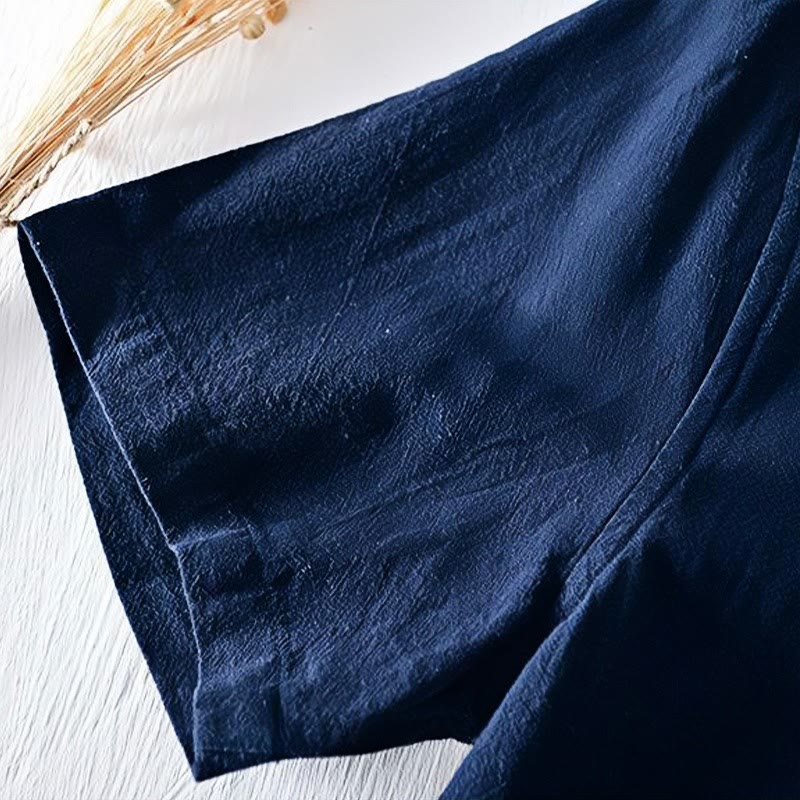 Camicia da uomo in cotone e lino con maniche corte, collo alla coreana, bottoni a rana Buddha Stones